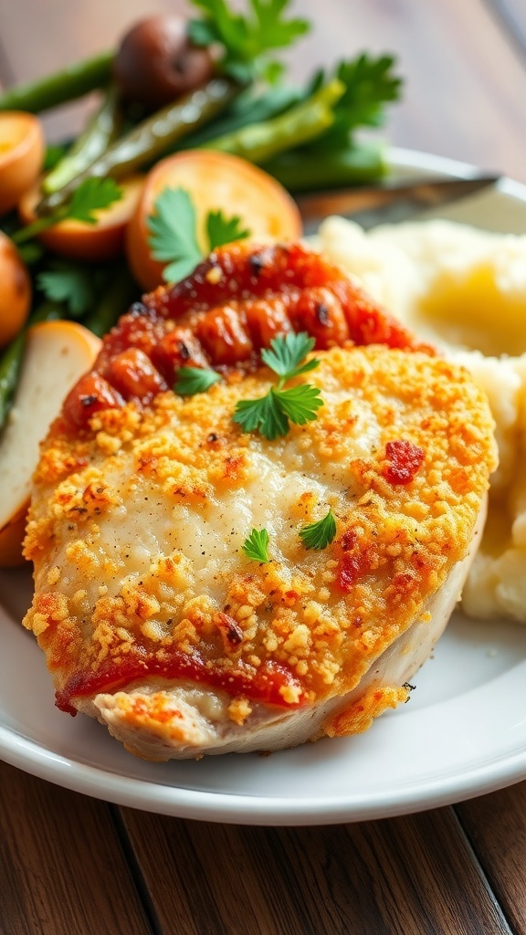 A crispy parmesan-crusted pork chop on a plate with roasted vegetables and mashed potatoes, garnished with parsley.